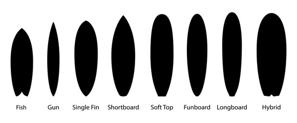 Big set of black surfboards types