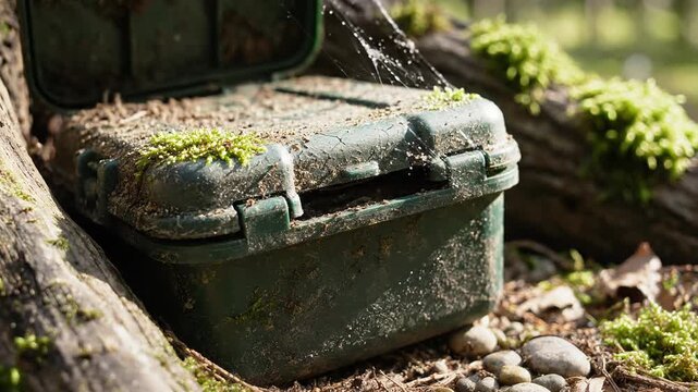 Outdoor Geocache Container in Nature with Moss and Spiderwebs Discovered