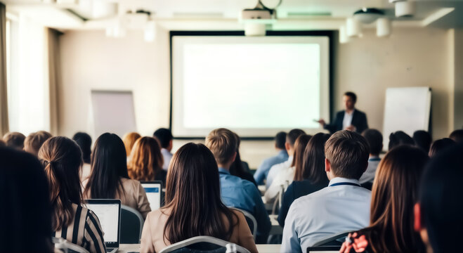 A diverse audience of professionals and students attending a business conference or seminar, with a speaker presenting on a large screen in a modern lecture hall, focused on learning