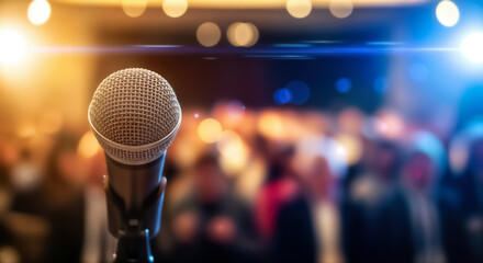 Closeup of a microphone on a stage, ready for a speaker or performer, with a blurred audience and bright stage lights creating an atmospheric and engaging event setting