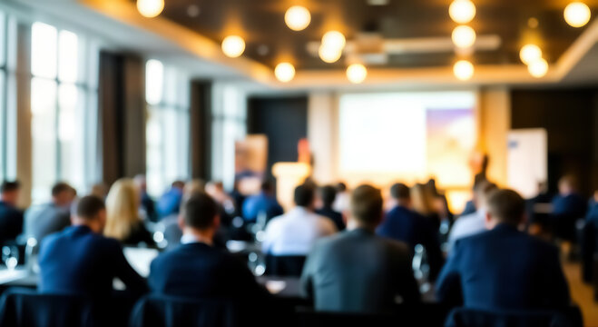Blurred image of a professional business conference or seminar with an audience attentively listening to a presentation, highlighting a dynamic and engaging corporate event atmosphere
