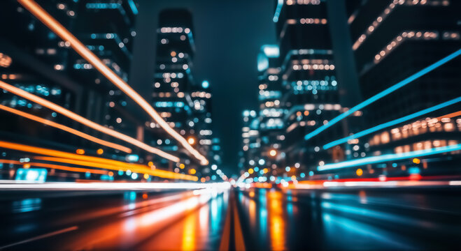 Energetic night scene of a city street with blurred buildings and vibrant light trails from moving vehicles, capturing the dynamic essence of urban life and modern transportation - Powered by Adobe