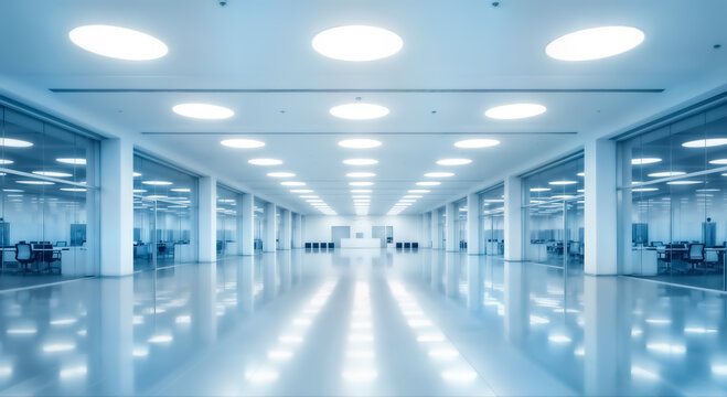 Modern, bright empty office interior with reflective floor, circular ceiling lights, and glasspartitioned workspaces, creating a clean, professional atmosphere
