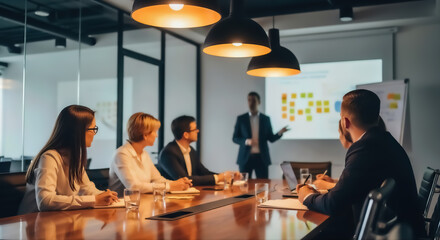 Professional business meeting in a modern office, with colleagues collaborating and a presenter discussing strategic plans and data on a screen, promoting teamwork