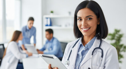 Smiling female doctor holding tablet in modern clinic