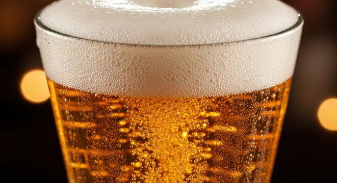 Close-up of beer with foamy head and bubbles
