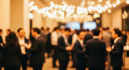 Blurred image of a lively business networking event, showcasing professionals conversing under warm, festive lights, creating an elegant and dynamic atmosphere