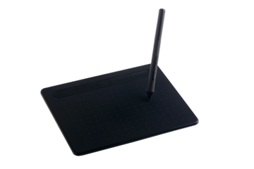 Black graphic drawing tablet with stylus pen isolated on transparent background. Perfect for digital art, design, and creative workspaces.