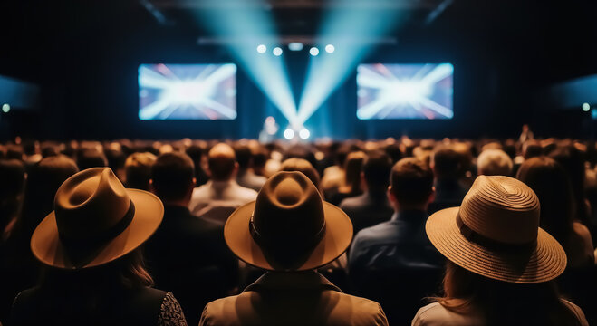 Rear view of a large audience gathered in a dark auditorium, watching a stage illuminated by bright spotlights and two large projection screens during a conference, concert, or presentation event