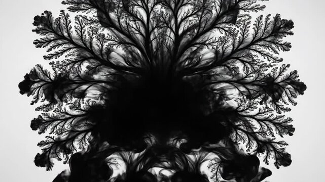Abstract top-down view of branching fractal pattern. Silhouette tree structure evolving from simple core to complex spread. Black geometric design unfolding in sequence for digital art and nature