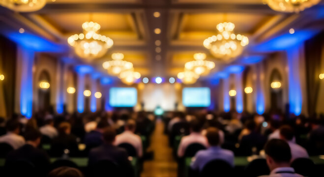 Blurred view of a large, elegant conference hall filled with an audience attending a professional event, featuring grand chandeliers and illuminated screens