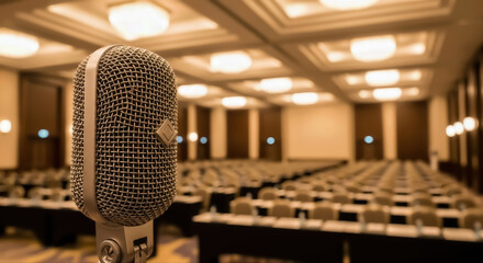 A vintage microphone stands ready on a stage, poised for a speaker in a large, elegantly lit conference hall, prepared for an event with rows of tables and chairs