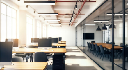 Modern openplan office interior with rows of empty desks, computers, and a glasswalled meeting room, showcasing a contemporary workspace design with natural light