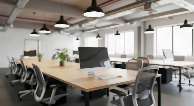 Blurred modern openplan office interior with a long conference table and workstations, fostering a dynamic and productive business environment