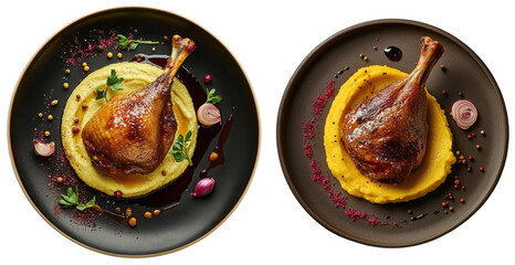 Roasted duck leg served with creamy mashed potatoes on black plates  