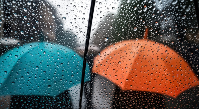 Closeup view of a window pane heavily covered in raindrops, creating a beautiful bokeh effect on two vibrant umbrellas, one blue and one orange, during a rainy day