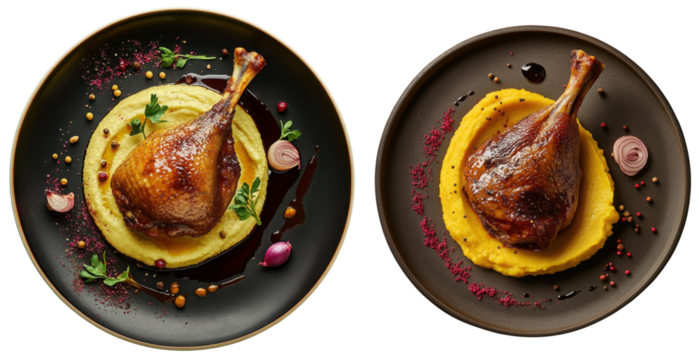 Roasted duck leg served with creamy mashed potatoes on black plates  