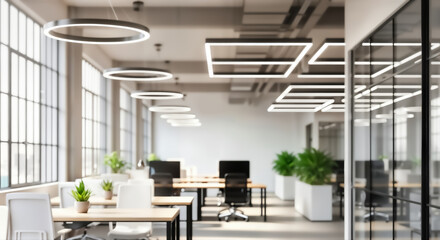 Modern openplan office interior with large windows, contemporary lighting, wooden desks, ergonomic chairs, and green plants, creating a bright and productive workspace
