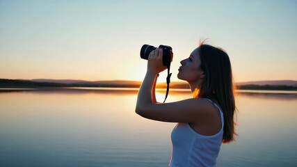 Young Woman Photographing a Beautiful Sunset over a Calm Lake with a Digital Camera, Capturing Nature's Beauty and Serene Landscape - Powered by Adobe