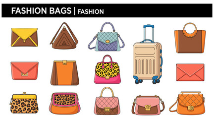 Fashion bags and luggage illustration set featuring handbags, clutches, purses, totes, and stylish accessories for modern design projects