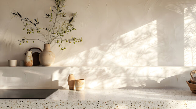 minimal mediterranean kitchen countertop with terrazzo surface, ceramic vases, olive branches, soft morning sunlight, clean natural styling, editorial interior photography