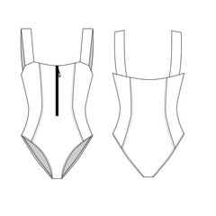  illustration of a sports swimsuit with a zipper, front and back views. Blank template for a women's swimsuit. Sketch of fashionable, stylish clothing for swimming and diving. © Iryna