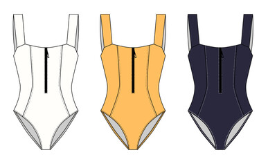 A set of  illustrations of athletic swimsuits with zippers in white, yellow, and black. An empty template for a women's swimsuit. A sketch of clothing for swimming and diving.