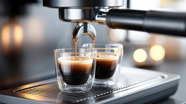 close up of rich espresso flowing from a modern coffee machine into clear glass cups, showing crema and warm caf&eacute; ambiance