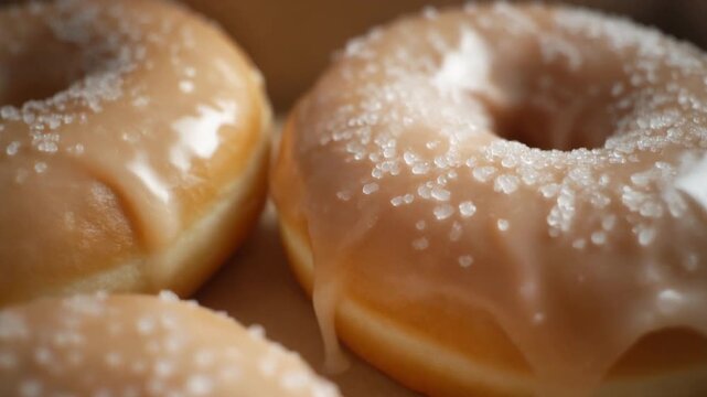 Freshly baked sweet doughnuts with a glistening glaze and crystal sugar topping