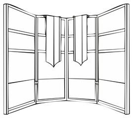 Black and white folding screen illustration with curved lines