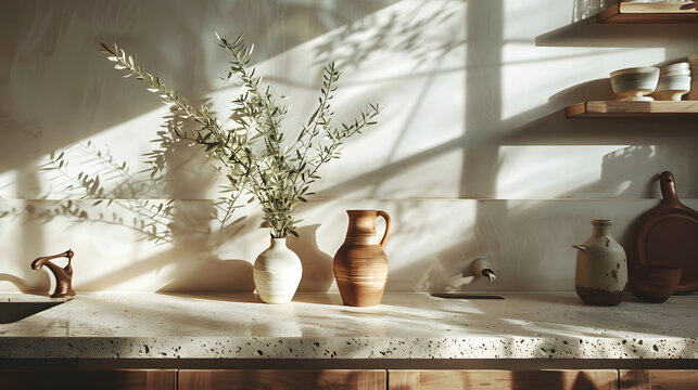 minimal mediterranean kitchen countertop with terrazzo surface, ceramic vases, olive branches, soft morning sunlight, clean natural styling, editorial interior photography