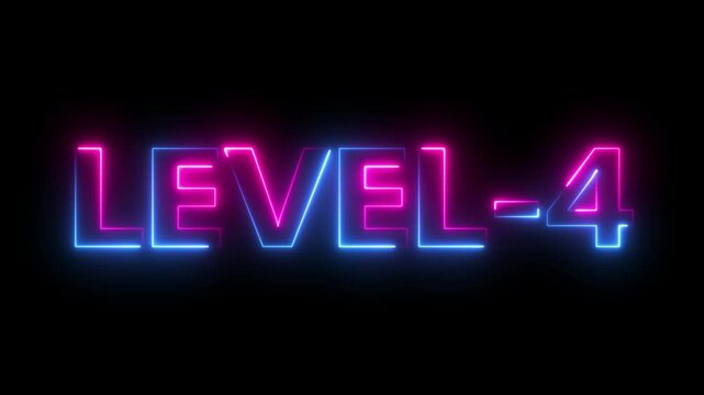 level 4 neon bright text font colorful 4k video animation. Neon level up sign and upper Level . next Level text animation.