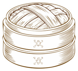 Hand-drawn vintage illustration of a traditional bamboo steamer basket with zongzi