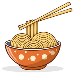 Cartoon Illustration of Noodles and Chopsticks, Traditional Asian Cuisine Served in a Bowl, Simple Graphic Style