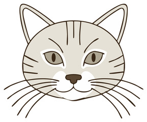 Gray Tabby Cat Face Illustration, Graphic Feline with Stripes and Whiskers, Pet Cartoon