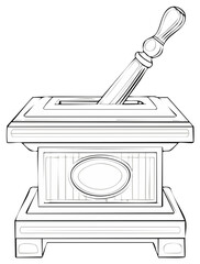 Detailed line art of a vintage box with a pestle protruding from the lid