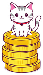 Adorable cartoon kitten with a red collar sitting on a stack of gold money coins