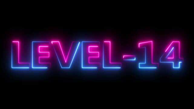 level 14 neon bright text font colorful 4k video animation. Neon level up sign and upper Level . next Level text animation.
