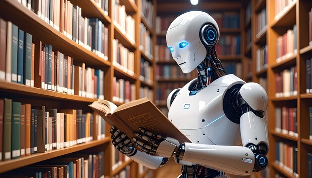 Close-up of a humanoid robot reading a book in a library &mdash; artificial intelligence learning and futuristic study concept