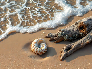 Seashell and Driftwood at Shore: A delicate seashell nestles in the sand, alongside weathered driftwood, as gentle waves caress the shore, a scene of tranquility and natural beauty.