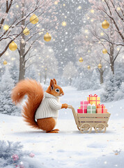 Winter Squirrel with Presents: An adorable squirrel, bundled in a cozy sweater, joyfully pulls a wooden cart laden with colorful presents through a glistening winter wonderland.