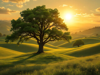 Golden Hour Serenity: A majestic tree stands sentinel atop rolling hills bathed in the warm embrace of the setting sun, creating a landscape of peace and tranquility.