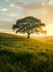 Solitary Sentinel: A majestic tree stands sentinel on a grassy hillside, bathed in the golden hues of a setting sun.