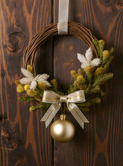 Elegant Wreath: A beautifully crafted wreath with intricate details and a festive golden ornament, perfect for adding a touch of elegance to any space, hanging gracefully on a wooden surface.