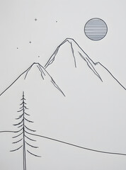 Serene Mountainscape: A minimalist illustration of majestic mountains beneath a celestial body. Showcasing the stark beauty and tranquility of nature, inviting contemplation and peace.