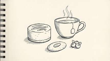 Tea Time Sketch: A delightful hand-drawn sketch presents a steaming cup of tea alongside sweet treats, invoking a sense of warmth and relaxation. 