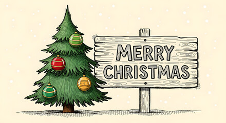Festive Season's Greetings: A beautifully illustrated Christmas tree adorned with ornaments stands beside a rustic sign, joyfully announcing Merry Christmas.
