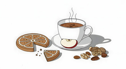 Warm Delight: A visual symphony of comfort, steam rising gently from a mug of steaming tea, accompanied by the inviting presence of a ginger biscuit and a slice of apple.