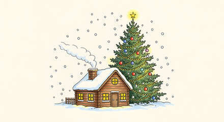 Cozy Cabin Christmas: A charming, snow-covered cabin glows warmly, complemented by a decorated Christmas tree with a shining star, evoking a sense of festive cheer and winter tranquility.