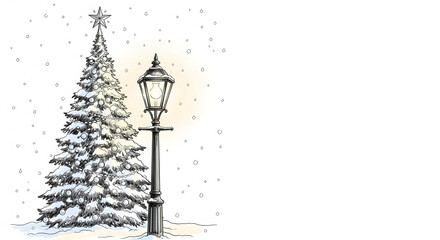 Winter Wonderland Scene: A cozy winter scene, a snow-laden evergreen and vintage street lamp. The snowfall creates a tranquil, festive atmosphere. 